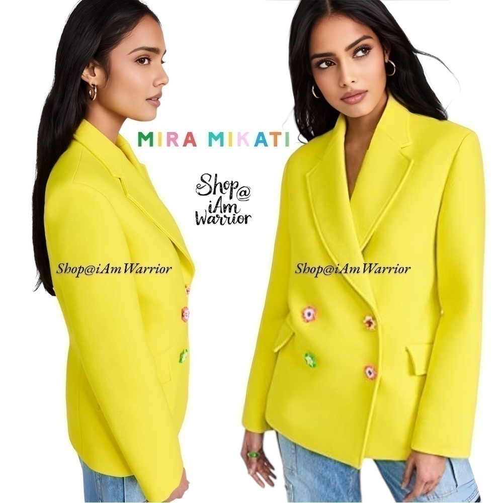 Mira Mikati neon yellow double breasted scuba blazer w/ ceramic floral buttons - Picture 3 of 9